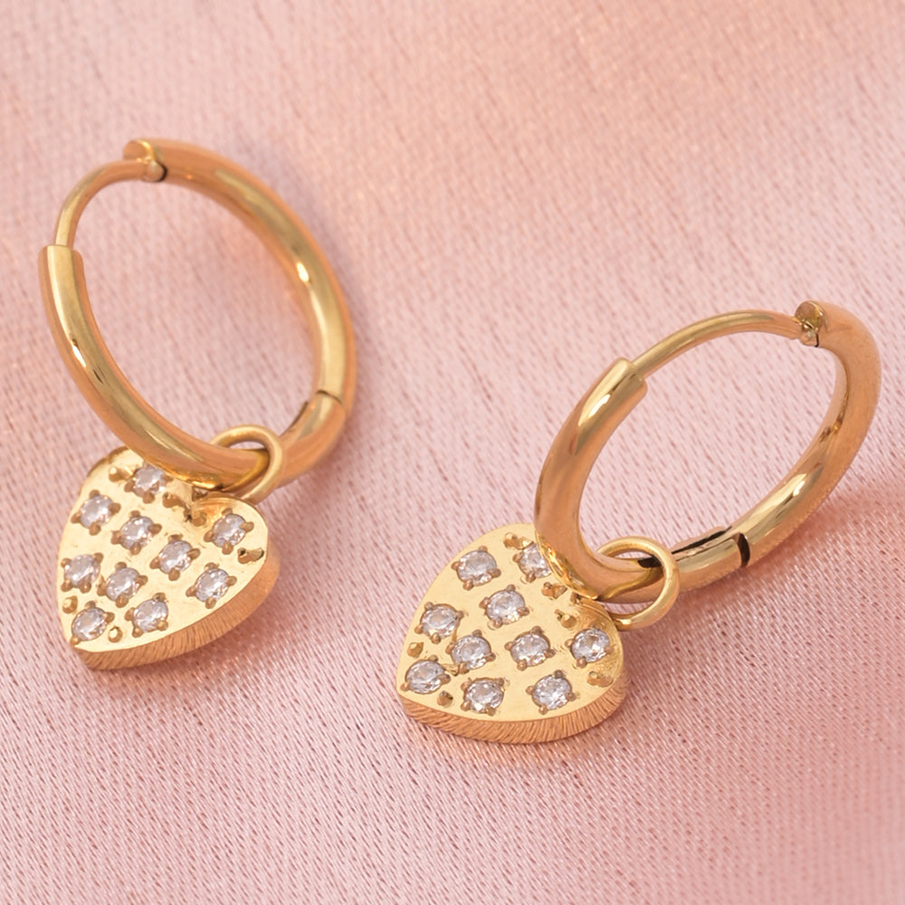 Glittering Heart Drop Hoop Earrings