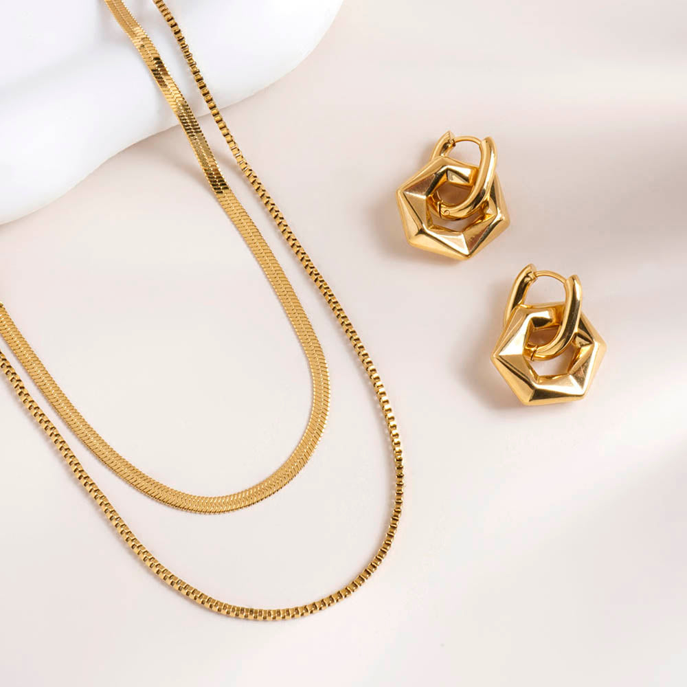 Golden Hexagon Earrings & Double Chain Delight Necklace Combo Set - view 2