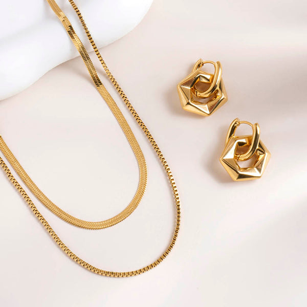 Golden Hexagon Earrings & Double Chain Delight Necklace Combo Set - Image 1