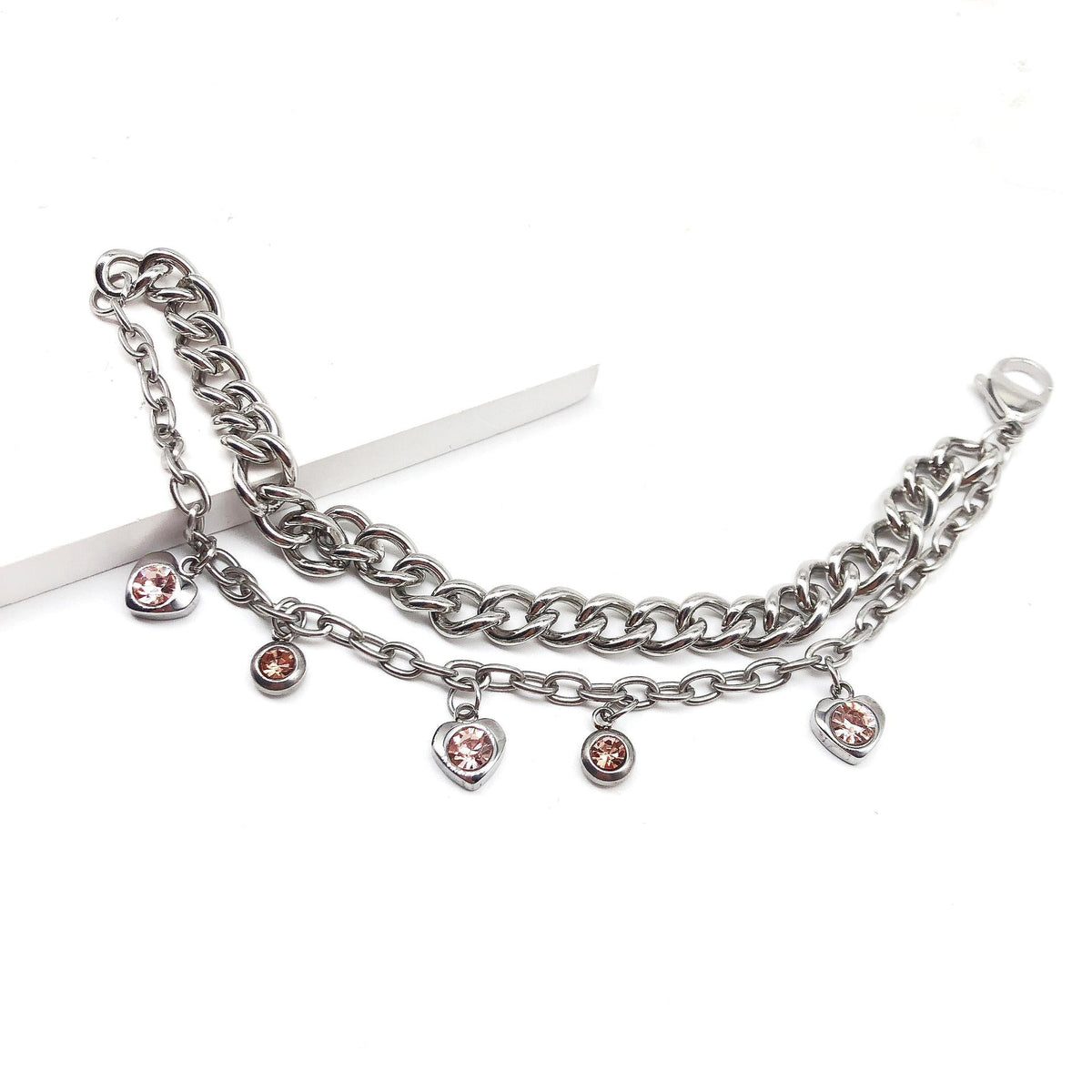 Double Chain Pink Heart Charm Bracelet