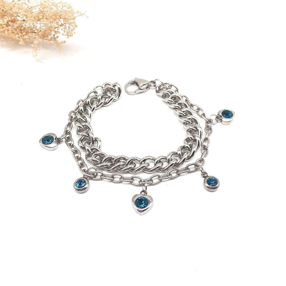 Double Chain Blue Heart Charm Bracelet