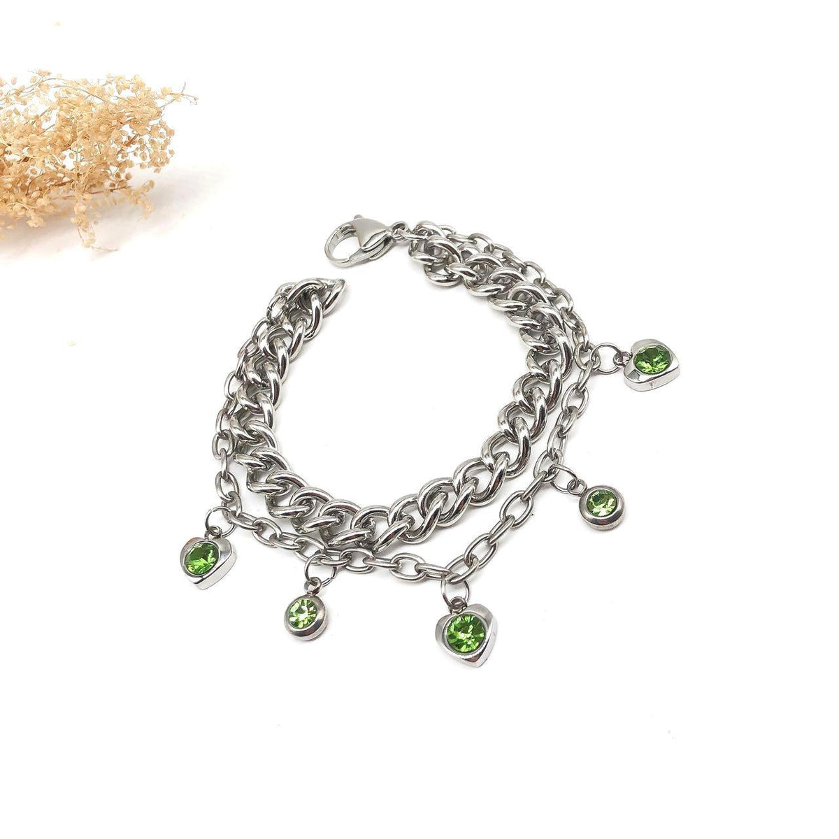 Double Chain Green Heart Charm Bracelet