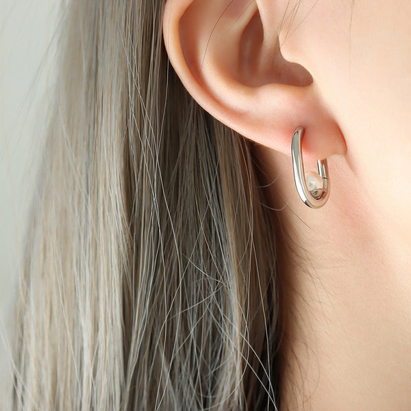 Silver U Pearl Hoop Earrings