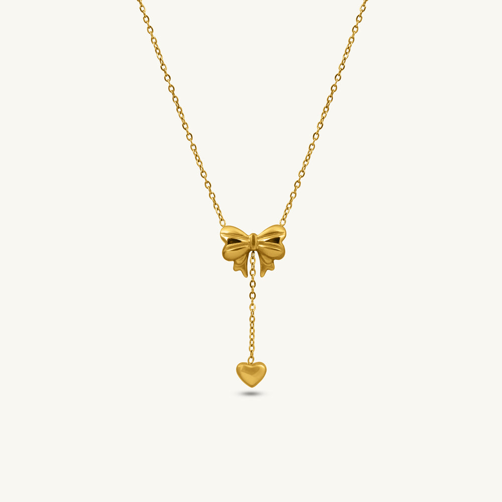 Golden Bow Heart Drop Necklace