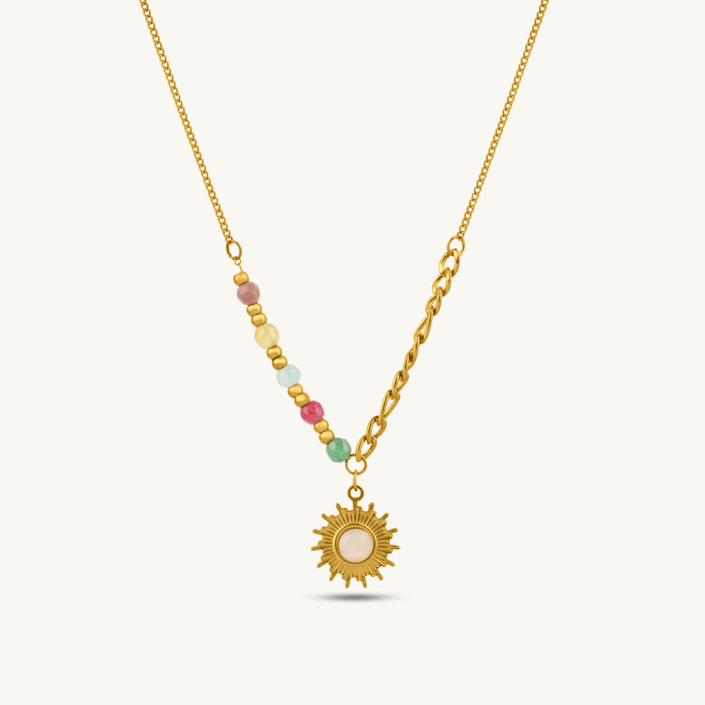 Gold Sunburst Pendant Necklace with Multicolor Beads