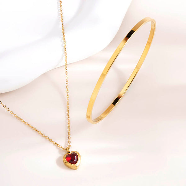 Red Emerald Heart Pendant Necklace & Flat Wire Bangle Bracelet Combo Set
