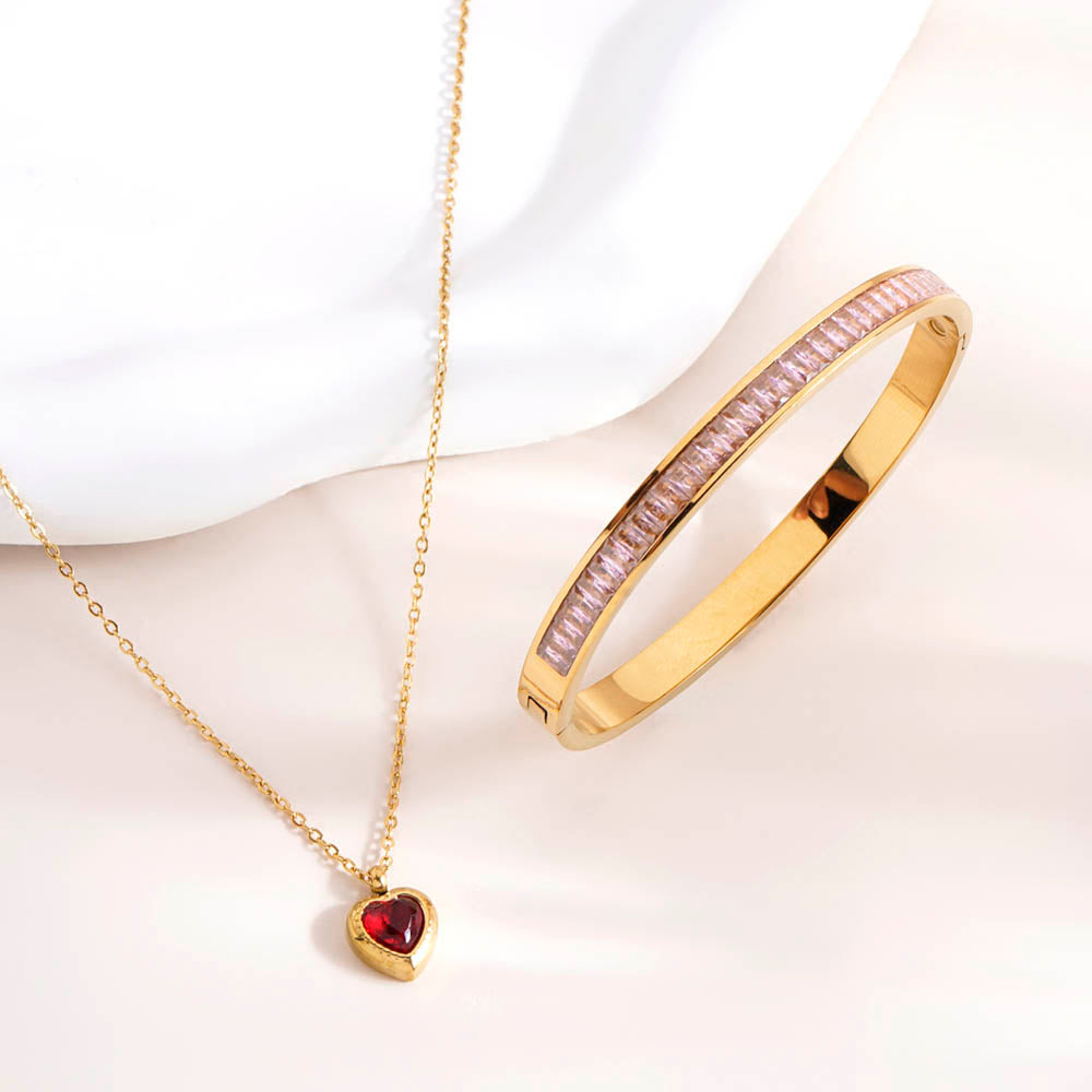 Red Emerald Heart Pendant Necklace & Pink Enchantment Bangle Bracelet Combo Set - view 4