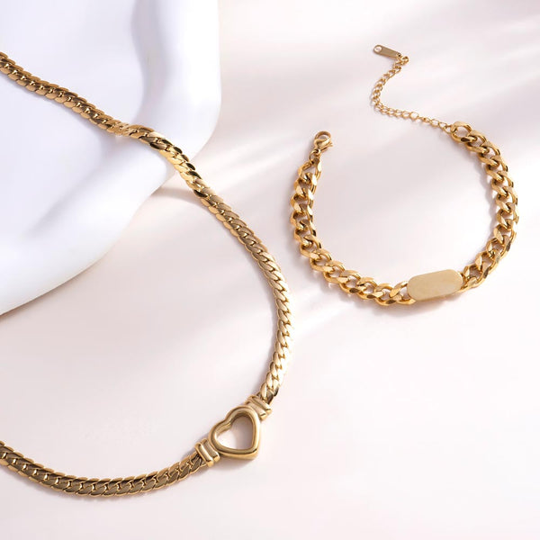 Cuban Chain Hollow Heart Necklace & Small Bar Bracelet Jewellery Set - Image 1