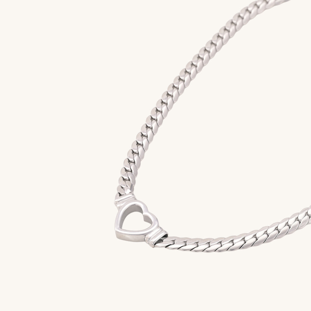 Cuban Chain Hollow Heart Necklace | 18K White Gold Plated - view 3