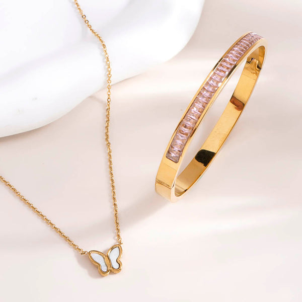 Little Butterfly Necklace & Pink Enchantment Bangle Bracelet Combo Set