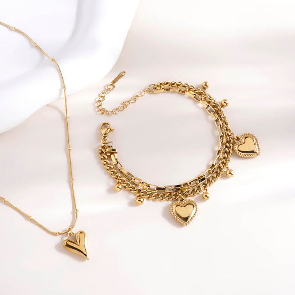 Heart Ball Chain Pendant & Hearts All Over Bracelet Combo Set