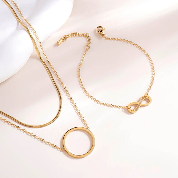 Circle Ring Double Layer Necklace & Infinity Charm Bracelet Combo Set - Image 1