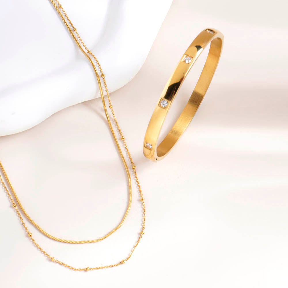 Double layer choker necklace & Dazzling Stone Bangle Bracelet Combo Set - view 2