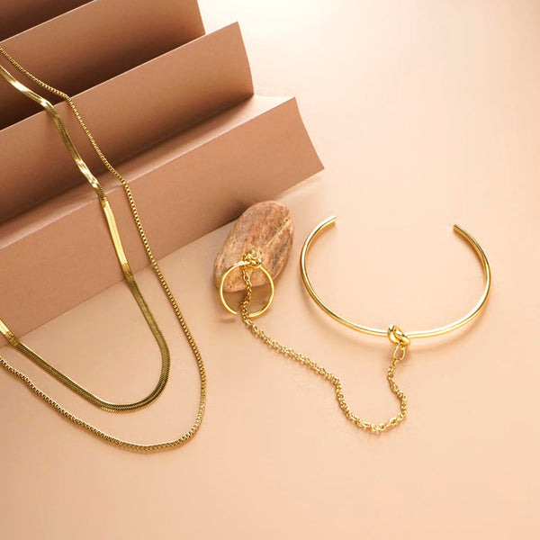 Double Chain Delight Necklace & Cuff Bracelet With Ring Combo Set - Image 1
