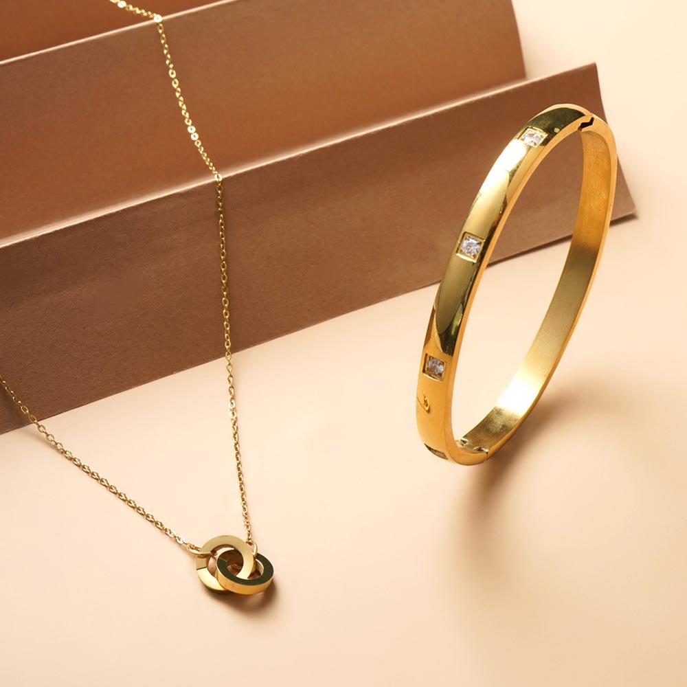 Linked Circles Harmony Necklace & Dazzling Stone Bangle Bracelet Combo Set - view 4