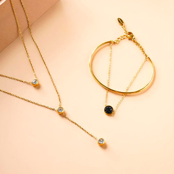 Two Layered Solitaire Drop Necklace & Double Layer Stone Cuff Bracelet Combo Set