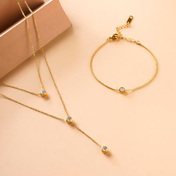 Two Layered Solitaire Drop Necklace & Solitary Spark Bracelet Combo Set