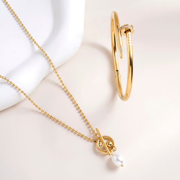 Dainty Beaded Pearl Chain & Nail Bangle Bracelet Combo Set - Image 1