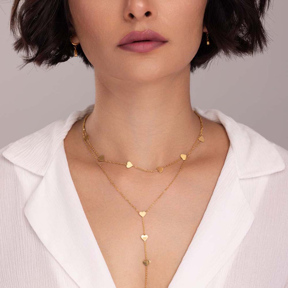 Two-Layered Heart Charm Necklace & Star Moon Bracelet Combo Set - view 4