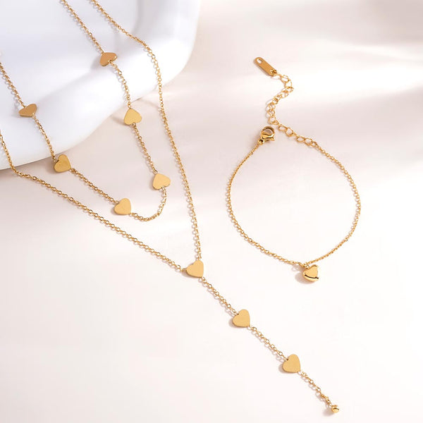 Two-Layered Heart Charm Necklace & Cute Heart Bracelet Combo Set