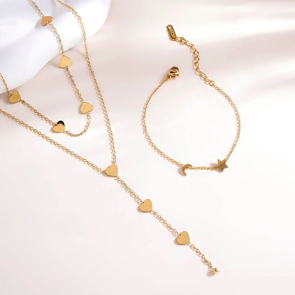 Two-Layered Heart Charm Necklace & Star Moon Bracelet Combo Set - Image 1