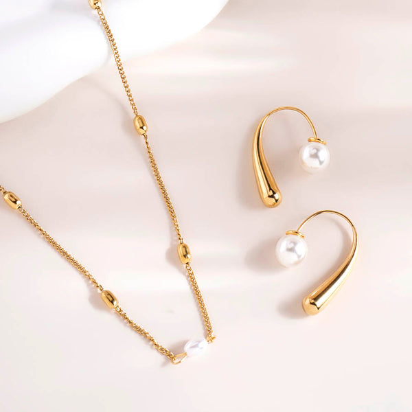 Single Pearl Necklace & Pearl Hook Earrings Combo Set - Image 1