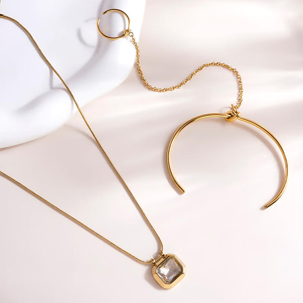 Octagon Diamond Necklace & Cuff Bracelet With Ring Combo Set