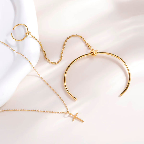 Golden Cross Necklace & Cuff Bracelet With Ring Combo Set