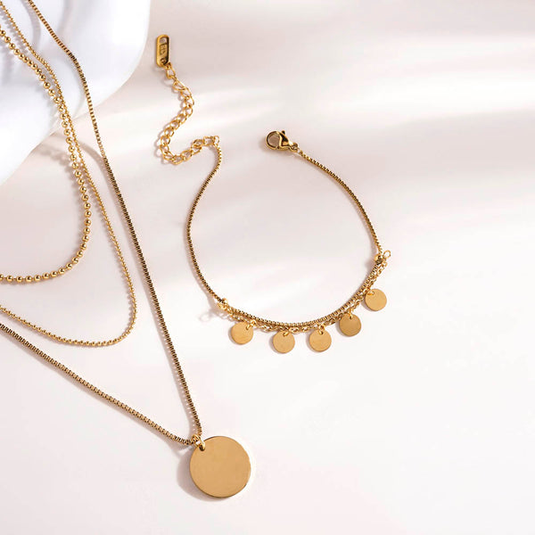 Tiny Plates Bracelet & Round Belle Three Layer Necklace Combo Set