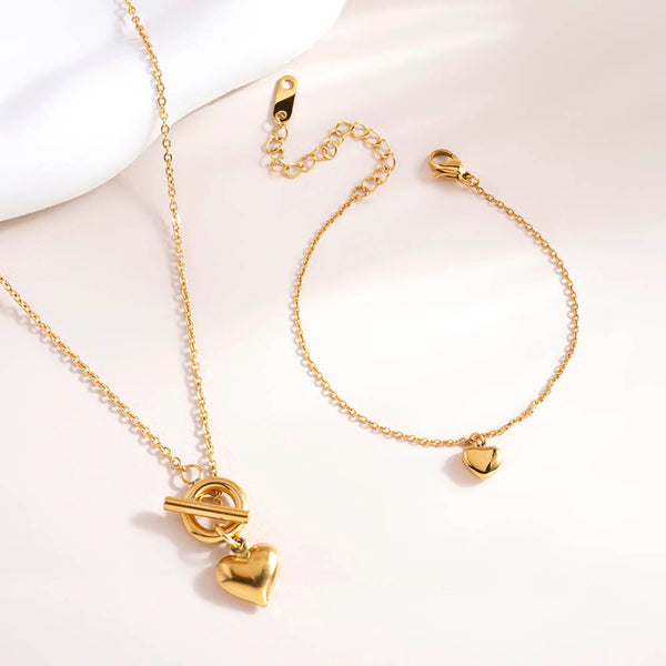 Cute Heart Bracelet & Ridge Heart T-Bar Necklace Combo Set - Image 1