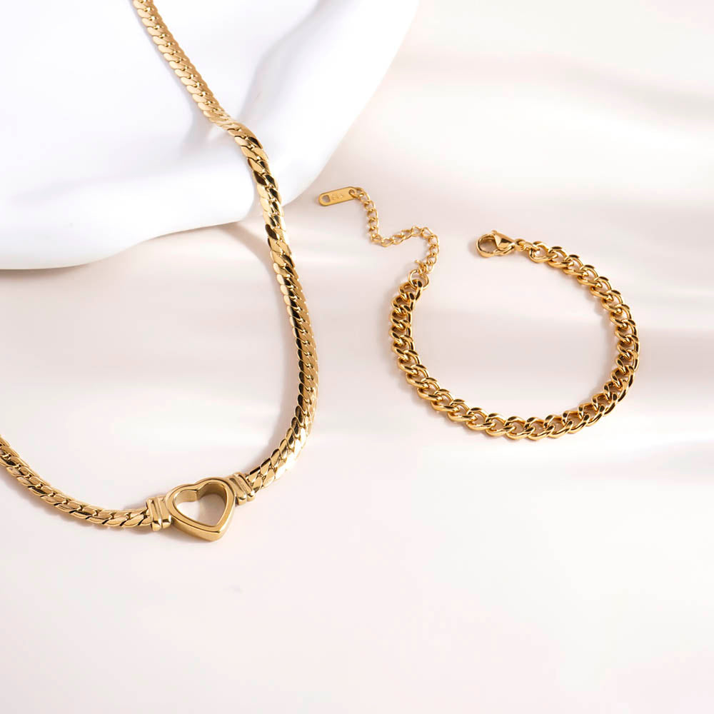 Chunky Small Bracelet & Cuban Chain Hollow Heart Necklace Combo Set - view 2