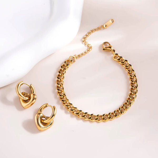 Chunky Small Bracelet & Gold Heart Hoop Earrings Combo Set - Image 1