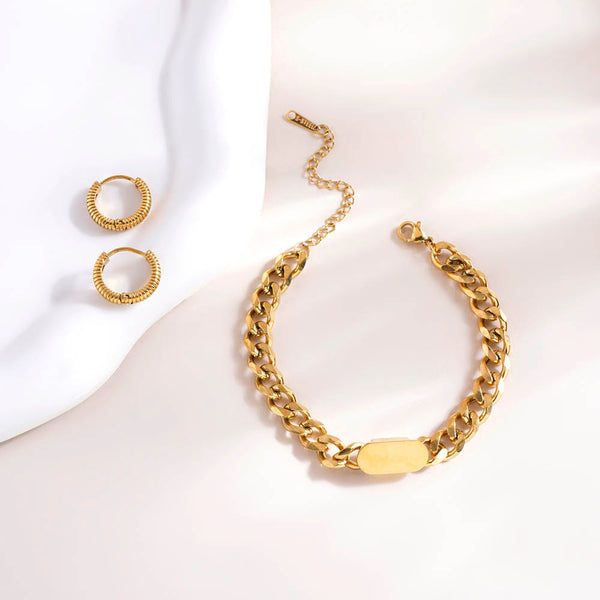 Small Bar Bracelet & Classic Textured Hoops Combo Set - Image 1