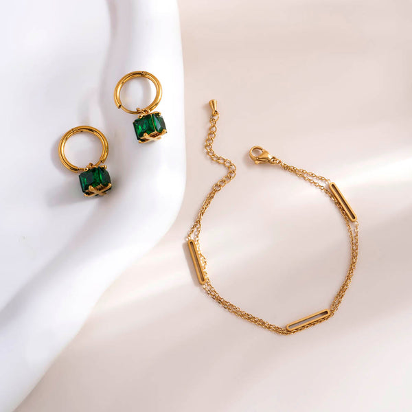 Bar Charm Bracelet & Emerald Hoop Earrings Combo Set - Image 1