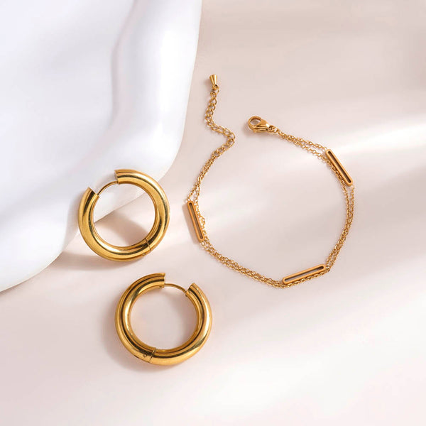 Bar Charm Bracelet & Classic Round Hoop Earrings Combo Set - Image 1