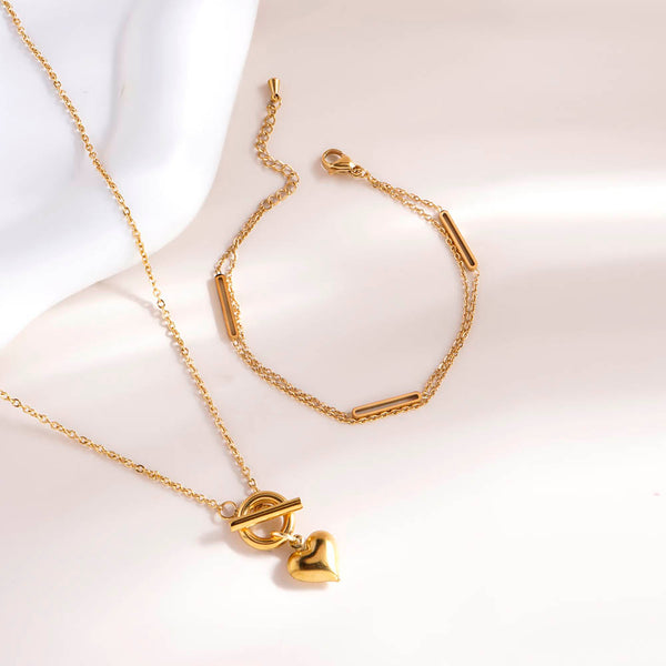 Bar Charm Bracelet & Ridge Heart T-Bar Necklace Combo Set - Image 1