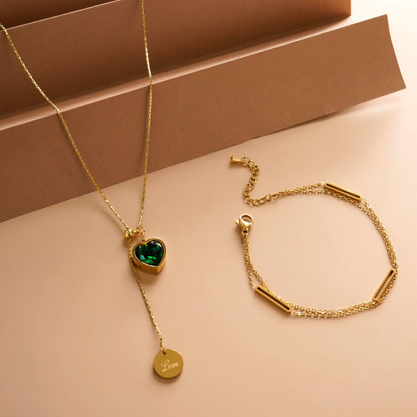 Bar Charm Bracelet & Emerald Love Necklace Combo Set - Image 1