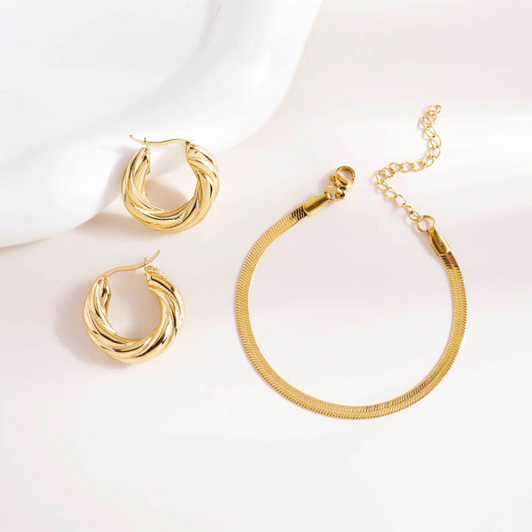 Twisted Round Hoop Earrings & Snake Charm Bracelet Combo Set - Image 1