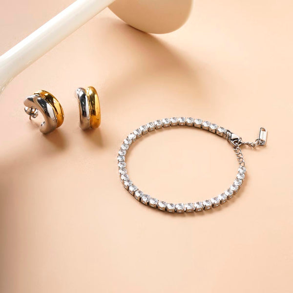 Golden Silver Chunky Hoop Earrings & Diamond Affair Bracelet Combo Set