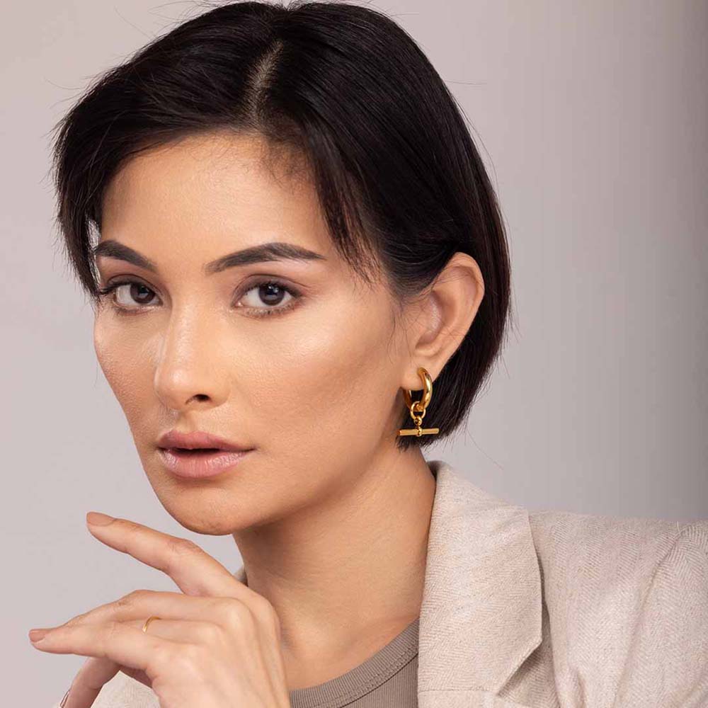 Round T-Bar Drop Hoop Earrings