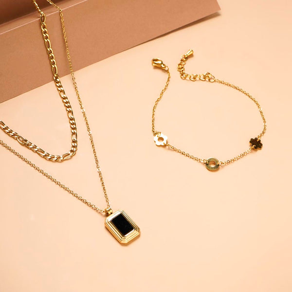 Black Onyx Two Layer Necklace & Flower Charm Bracelet Combo Set - Image 1