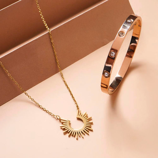 Sun Rays Necklace & Crystal Love Bangle Bracelet Combo Set