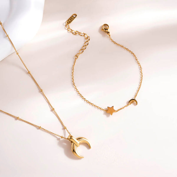 Tiny Horn Necklace & Star Moon Bracelet Combo Set