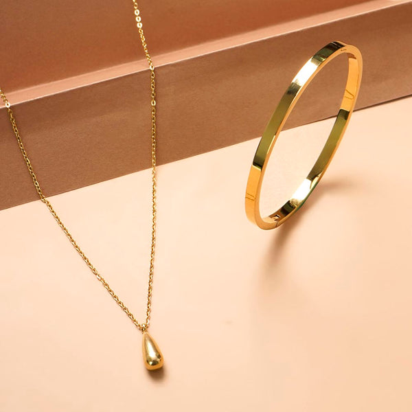Thin Drop Necklace & Plain Stackable Bangle Bracelet |4MM Combo Set - Image 1