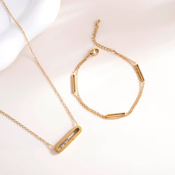 Stones Bar Necklace & Bar Charm Bracelet Combo Set - Image 1