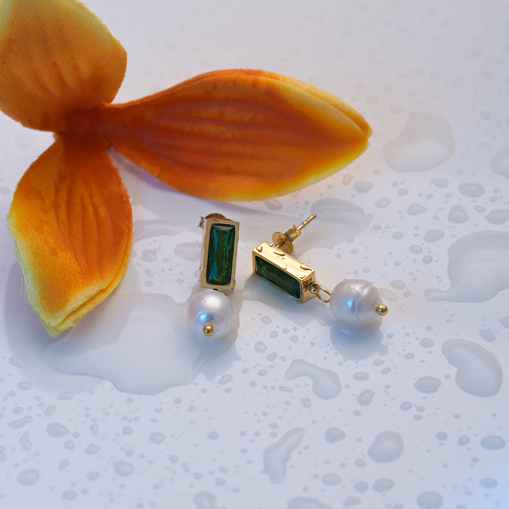 Green Stone Pearl Drop Earrings