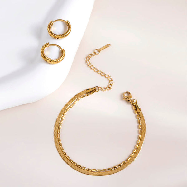 Multi-layered Beaded Bracelet & Classic Textured Hoops Combo Set