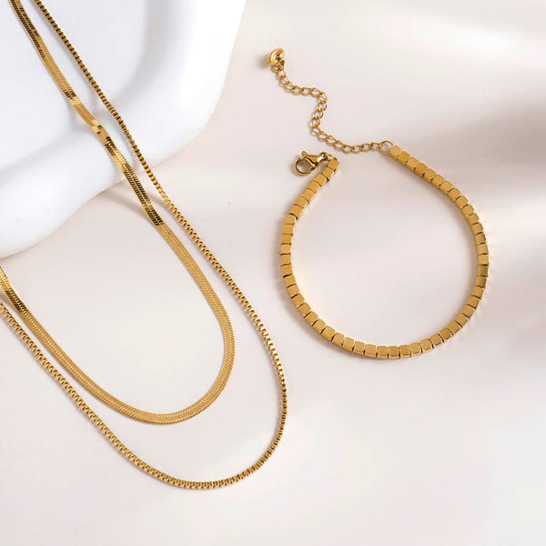 Gold Cube Chain Bracelet & Double Chain Delight Necklace Combo Set - Image 1