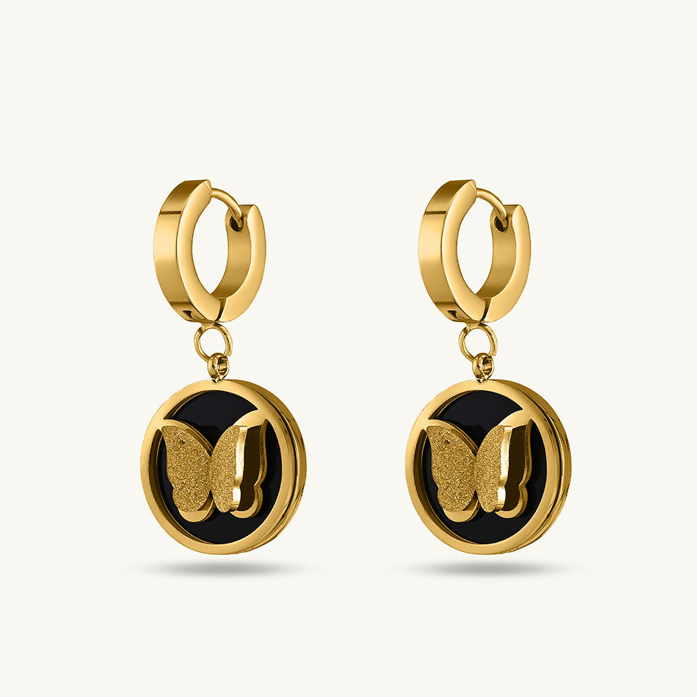 Gold Butterfly Hoop Drop Earrings