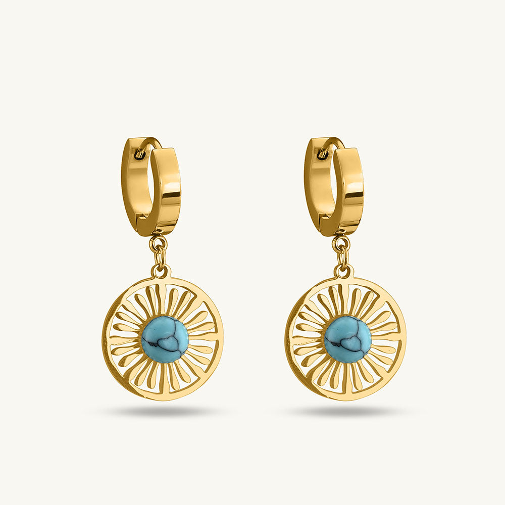 Circular Sunburst Drop Hoop Earrings